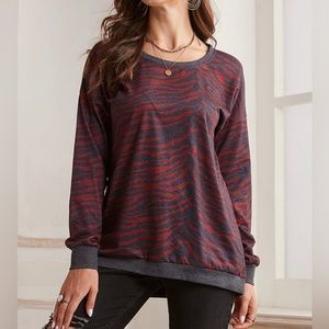 Suzanne Betro Charcoal & Wine Zebra Contrast Trim Long-Sleeve Sweatshirt…